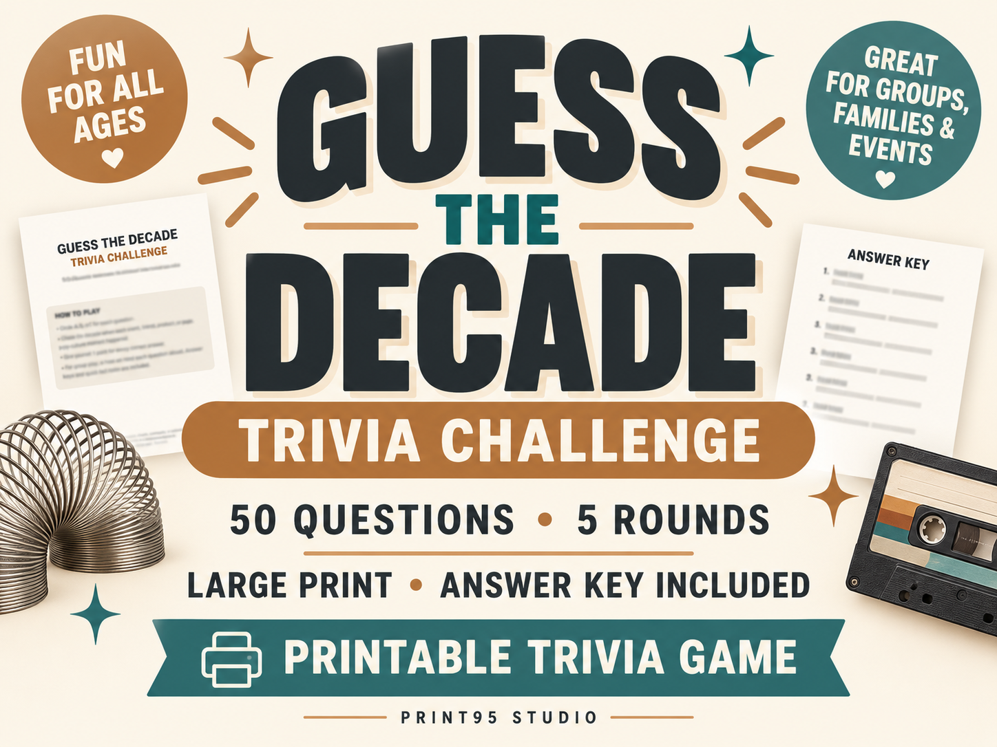 Guess the Decade printable nostalgia trivia game for adults, seniors, families and groups