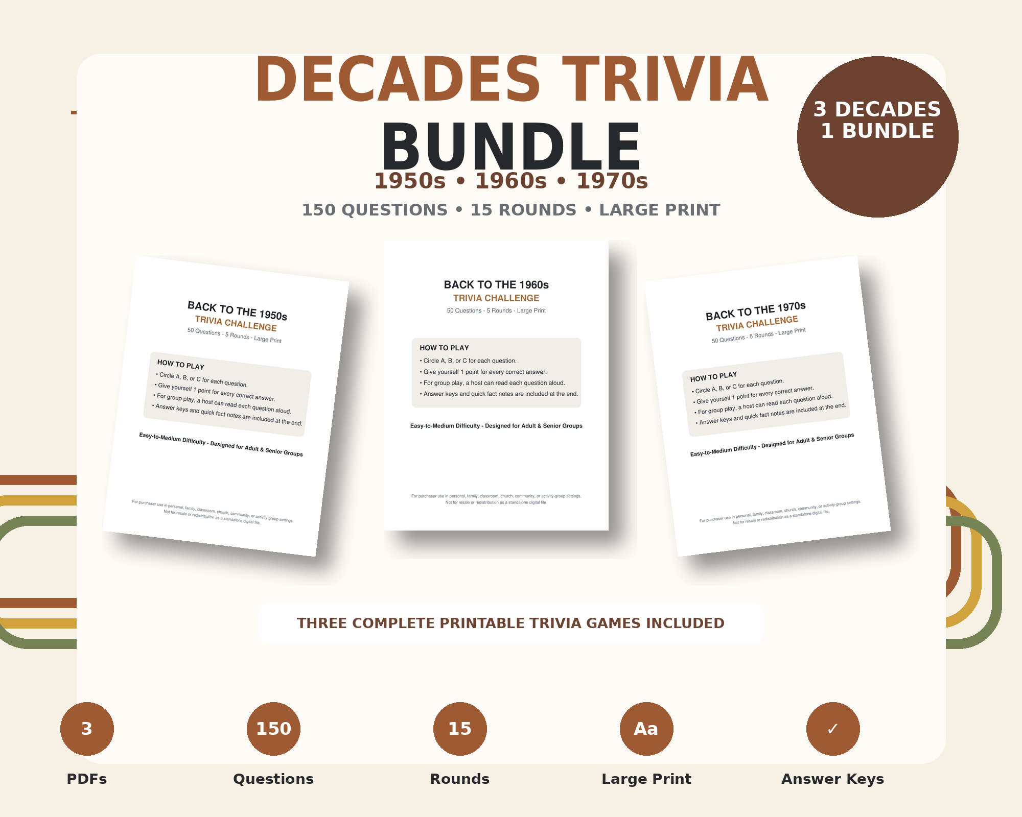 Decades Trivia Bundle printable cover pages for 1950s, 1960s and 1970s large print trivia games