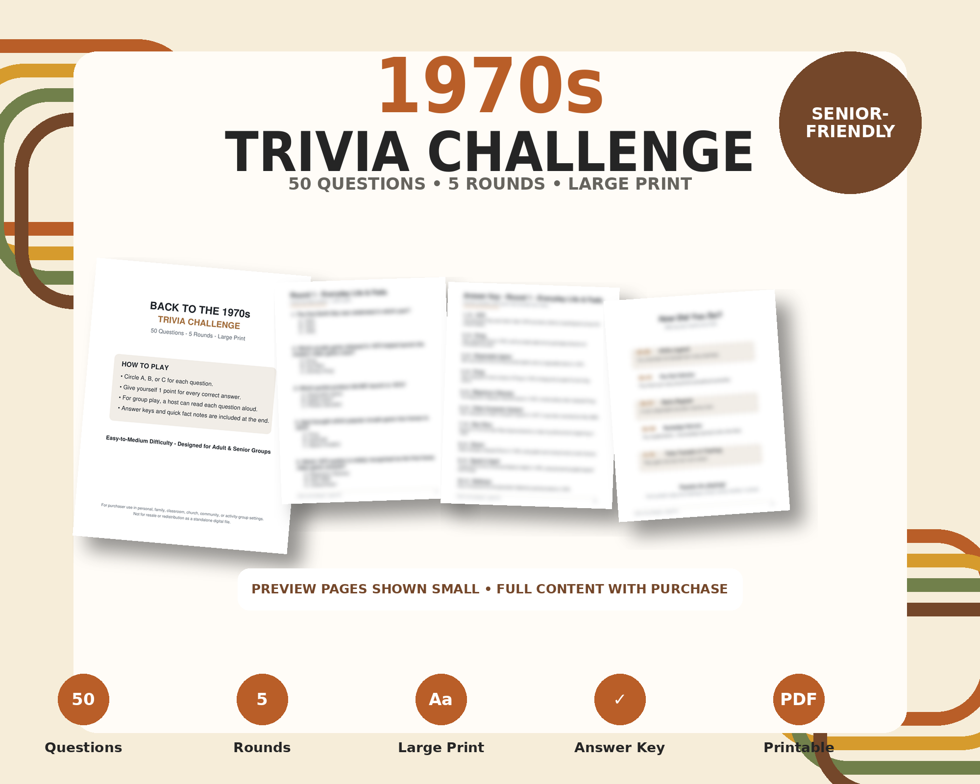 1970s Trivia Challenge printable large print trivia game cover and sample pages shown small