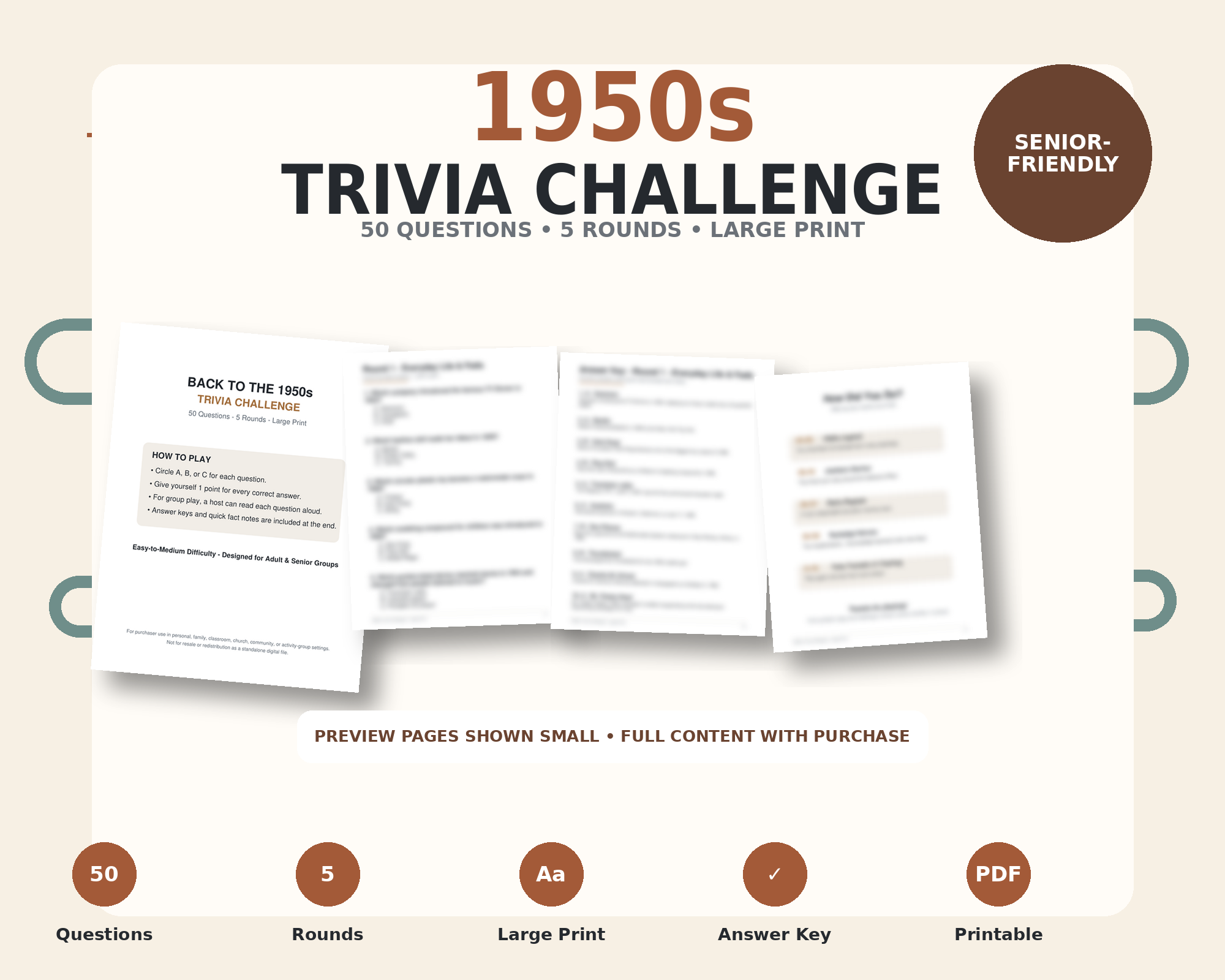 1950s Trivia Challenge printable large print trivia game cover and sample pages shown small