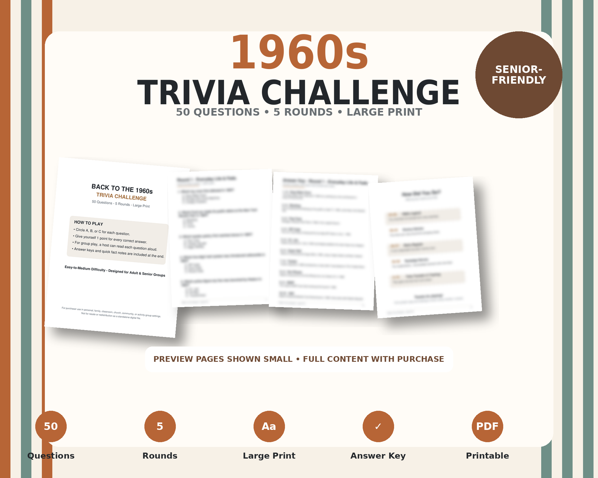 1960s Trivia Challenge printable large print trivia game cover and sample pages shown small